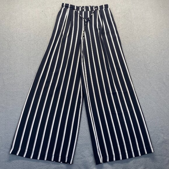 Forever 21 Flare Pants M Black Striped Wide Leg Stretch Mid Rise Dress Pant Work - Picture 13 of 13